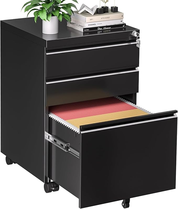 INTERGREAT 3 Drawer File Cabinet, Metal Filling Cabinets with Lock, Locking Office Mobile Cabinet with Wheels for Legal/Letter Size, Under Desk, Assembled, Black