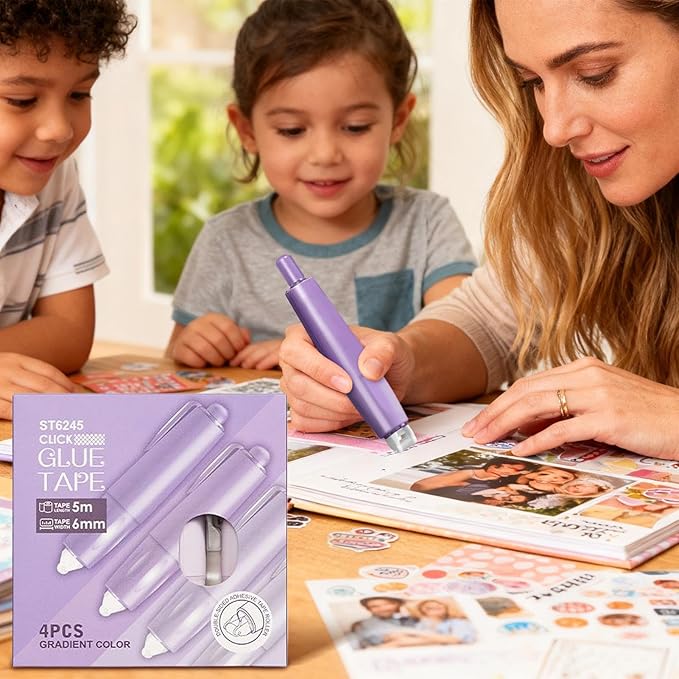 Double Sided Tape Roller - Retractable Adhesive Tape Dispenser, 4 Piece Sticky Scrapbook Set, Easy Application Heavy Duty Design, Excellent DIY Craft Tool, Home School Office Paper Card Photo