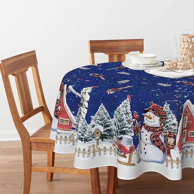 Horaldaily Christmas Tablecloth 60×60 Inch Round, Winter Snowman House Christmas Trees Blue Washable Table Cover for Party Picnic Dinner Decor
