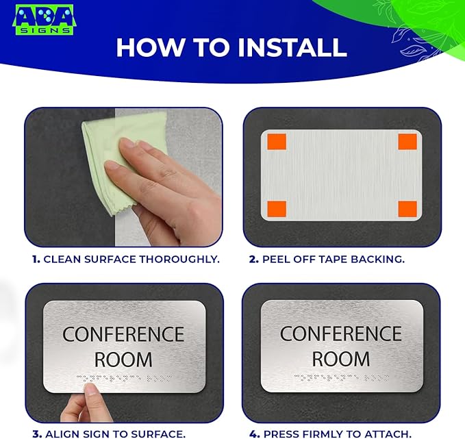 ADASigns Conference Room Sign 7" W x 4" H Durable Brushed Aluminum with Grade 2 Braille - Easy Installation with Double Sided Tape - ADA Compliant conference sign for Office, Universities & Businesses
