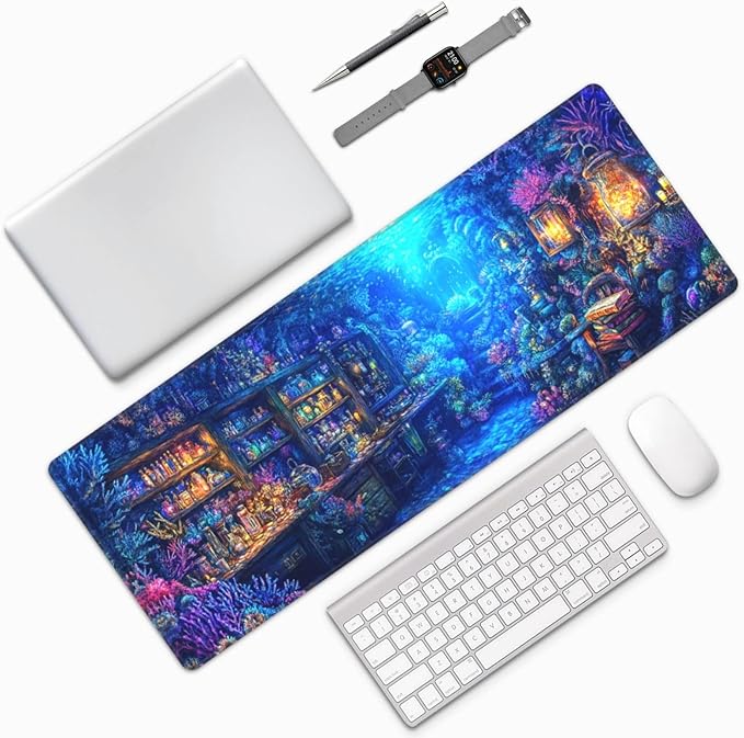 Magical Sea Mouse Pad 31.5 X 11.8 Inch Big Desk Rubber Base Stitched Edges Keyboard Pad XXL Mouse Mat for Home Game and Office