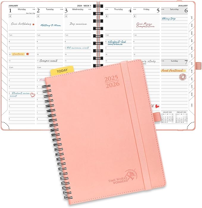 POPRUN Planner 2025-2026 (Medium - 6.5'' x 8.5'') Academic Weekly Calendar (July 2025 - June 2026) with Hourly Time Slots, Monthly Tabs, 100GSM Thick Papers, Spiral Leather Cover - Pink