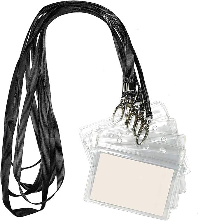 Lanyard with ID Holder 50 Pcs Waterproof Name Tag Horizontal Badge ID Card Holders ID Pass Holder and 50 Pcs Flat Neck Black Lanyards Swivel Hook