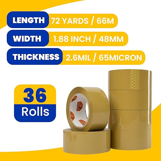 TAPEBEAR Low Noise Brown Packing Tape 72 Yards Extra Length, 1.88Inch-Wide Packaging Tape Refills, Secure Sticky Brown Tape 2.6Mil Heavy Duty for Moving, Shipping, Sealing, 36Rolls Total 2592Yards
