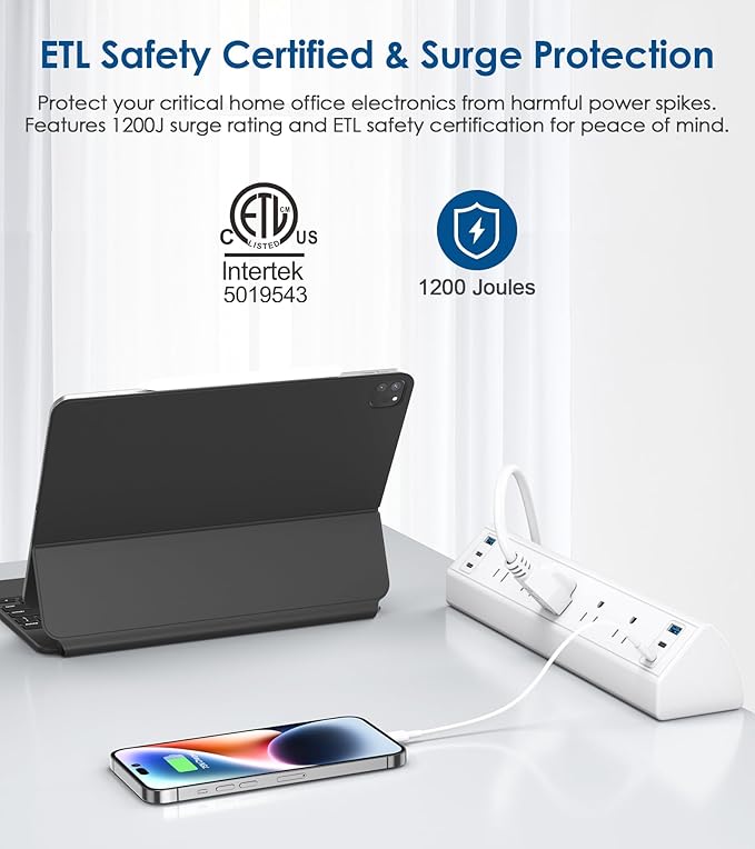 Jgstkcity Desk Clamp Power Strip USB C,40W Total Fast Charging Station,4 PD 20W USB C Ports,Desk Edge Mount Surge Protector,5 Outlets,Fit 1.96" Tabletop Edge,ETL Listed,White