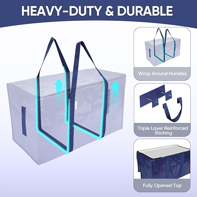 TICONN 6 Pack Extra Large Moving Bags with Zippers & Carrying Handles, Heavy-Duty Storage Tote Moving Boxes for Space Saving (6 Pack, Navy)