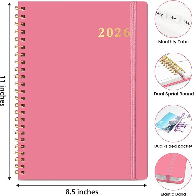 2026 Planner 8.5" x 11", Weekly and Monthly Calendar Planner Book, January 2026 - December 2026, Hardcover Spiral Planner with Monthly Tabs, Notes Pages, Perfect for Women & Men, A4 - Rose Red