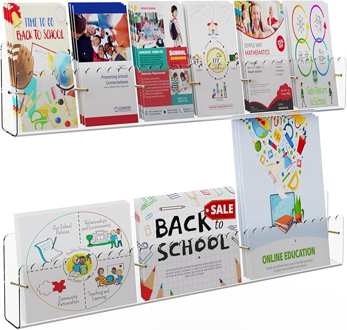 Brochure Holder Wall Mount, 2 Pack Acrylic Modular Flyer with Adjustable Magnetic Golden Bolt, Wavy Lace Pamphlet Display Stand for Organizer Trifold Flyer, Document, Leaflet, 6 Slots