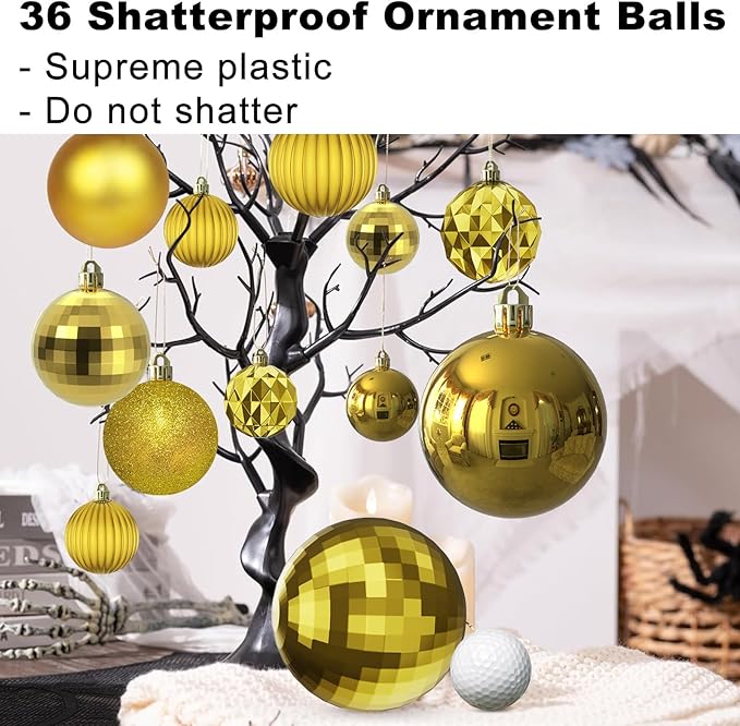 Gold Christmas Ornaments - Christmas Tree Decorations Shatterproof Hanging Balls for Birthday Wedding Holiday Decor Set of 36pcs, Multi-Sizes(1.6",2.5",3.2")
