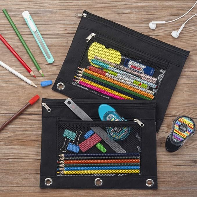 Sooez Pencil Pouch for 3 Ring Binder, 2 Pack Fabric Binder Pouch with 2 Pockets, Pencil Bags with Zipper and Reinforced Grommets, Pencil Cases for Binder