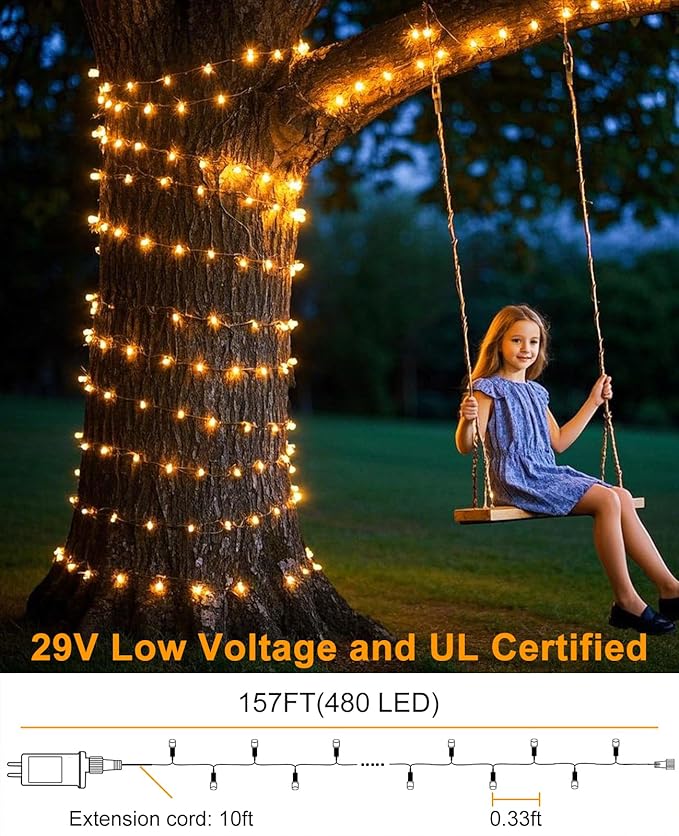 157FT 480 LED Christmas Lights Outdoor, Christmas Tree Lights Waterproof, 8 Modes Plug in Fairy String Light for Indoor Party Xmas Tree Garden Patio Decorations, Warm White
