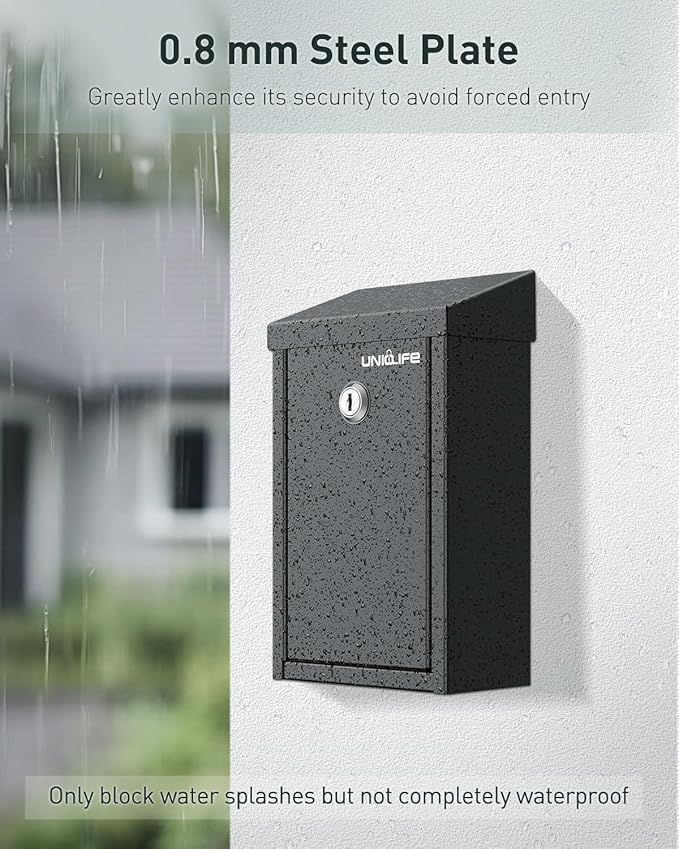 Uniclife Black Metal Donation Box Wall Mounted Mailbox with Top Slot, Collection Box with Key Lock, Safe Suggestion Box, Key Drop Box for Outside, Steel Cash Drop Box for Home Office and Business