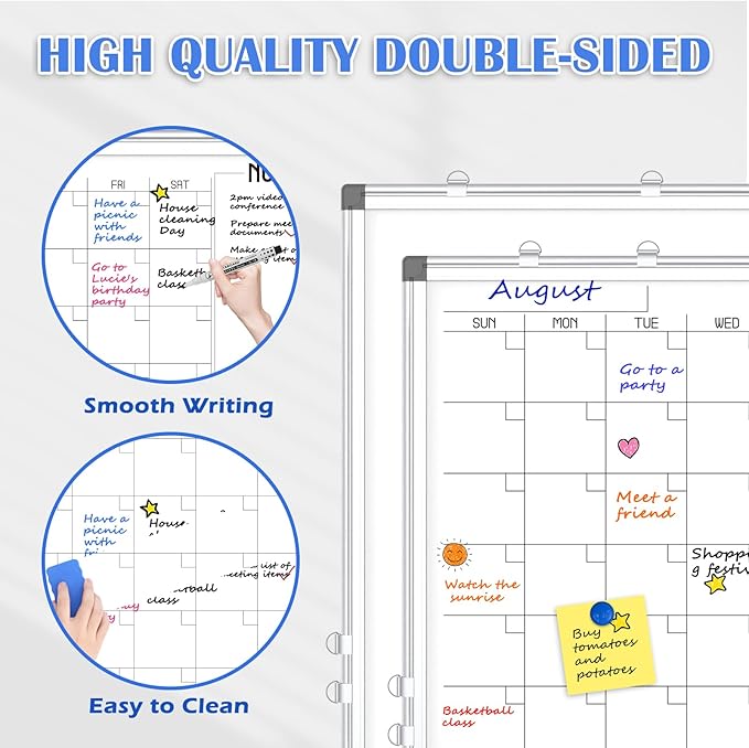 WALGLASS Dry Erase Calendar Whiteboard, 48" x 36" Monthly Large Dry Erase Calendar for Wall, Double-Sided Hanging White Board with Silver Aluminum Frame for Home, School, Office, Kitchen