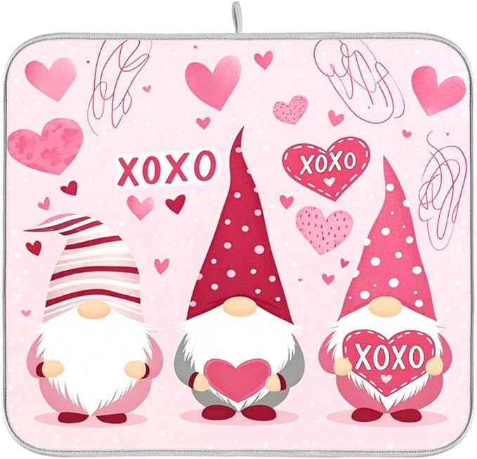 Happy Valentine Hearts Gnomes Dish Drying Mat 16 X 18 In Red Love Absorbent Microfiber Dry Dishes Pads Tableware Mats Protector for Kitchen Countertops Counter Home Decorations