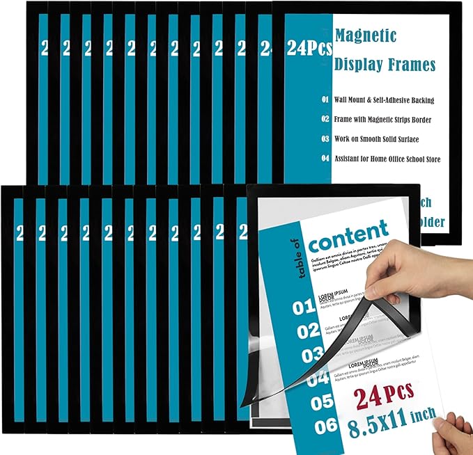 8.5x11 Magnetic Sign Holder Wall Mount,Self-Adhesive Plastic Display Frames,Clear PVC Sign Holder with Magnet Strip Border for Window/Door/Fridge/Document Notice Paper(24Pcs,Black)
