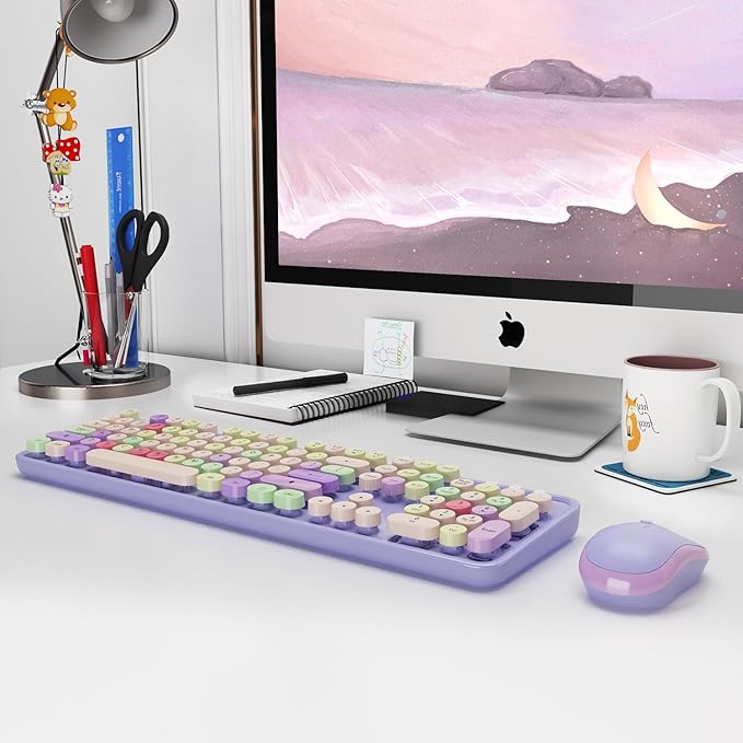 Wireless Typewriter Keyboard and Mouse - Wireless Keyboard with Silent Wireless Mouse, Cute Retro Keyboard Mouse Combo, 2.4G USB Computer Keyboard and Mouse for Windows Laptop/Desktop/PC(Purple)
