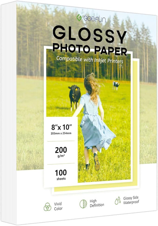 100 Sheets Glossy Photo Paper 8x10, Goefun 200GSM/54LB Inkjet Printer Paper for Dye Ink
