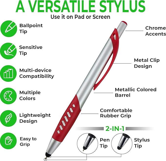 Personalized Pens With Custom Logo or Text-300 Pack Bulk-for Businesses, Parties, and Events, 2 in 1 Ballpoint Pen & Capacitive Stylus for Touchscreen Devices, Click Action, Black Ink, Light Green