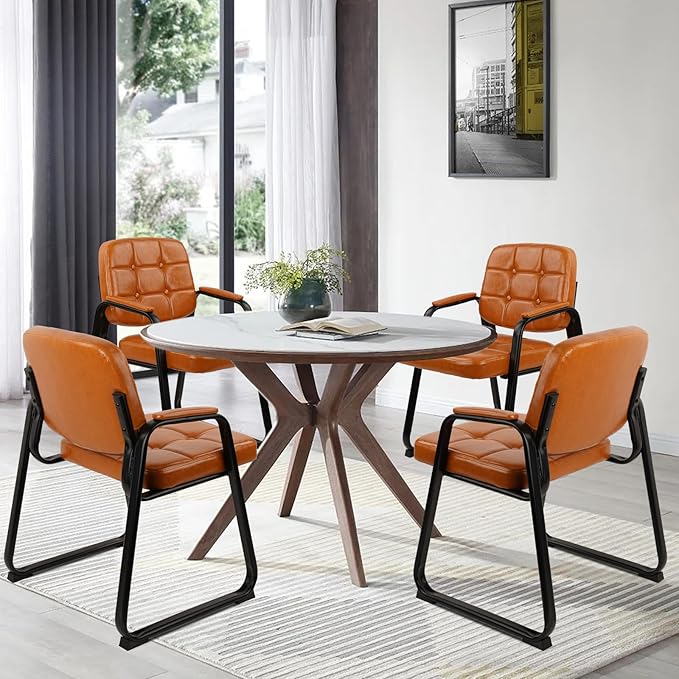 CLATINA Office Guest Chair, Leather Reception Chairs with Padded Arms, Desk Chair No Wheels Stationary for Conference Lobby Waiting Room Training Side Elderly, Set of 4-Orange