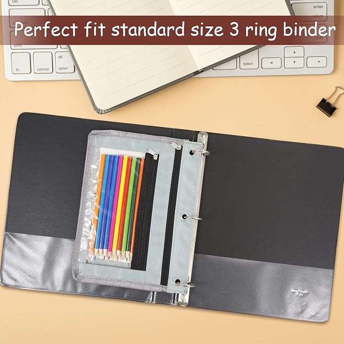 YoeeJob 1 Pack Pencil Pouch for 3 Ring Binder, Expandable Binder Pouches with Zipper, Large Capacity Pen Holder Case with Clear Window School Class Office Organizers, Grey