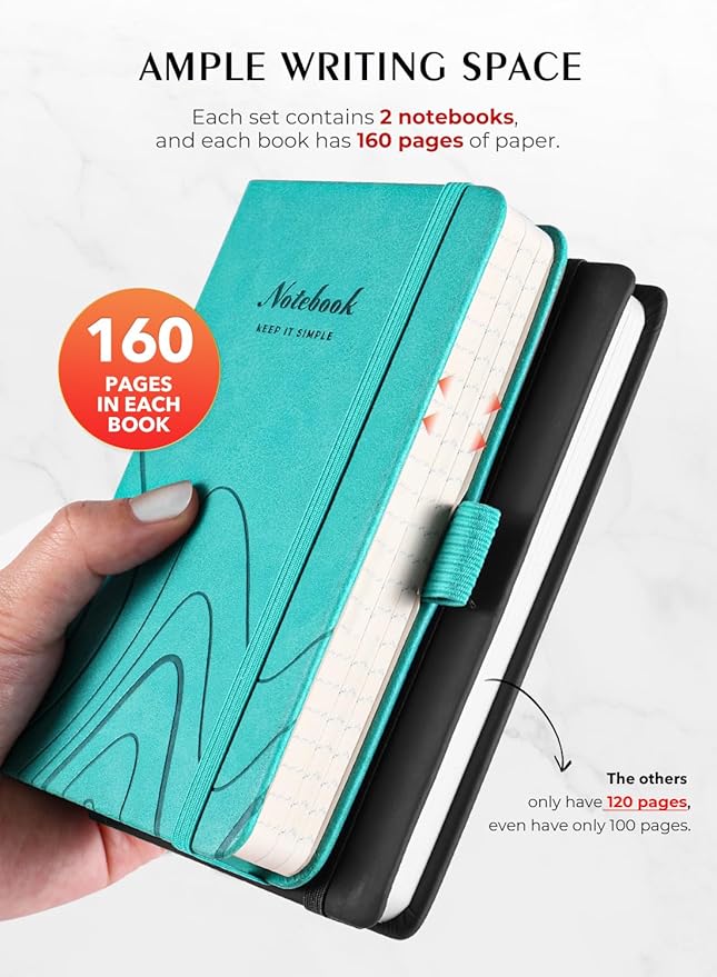 AISBUGUR Pocket Notebook, Small Notebook, 2-Pack Total 320 Pages,3.7" x 5.7" Pocket Notebook (2 Pack, Turquoise Wave)