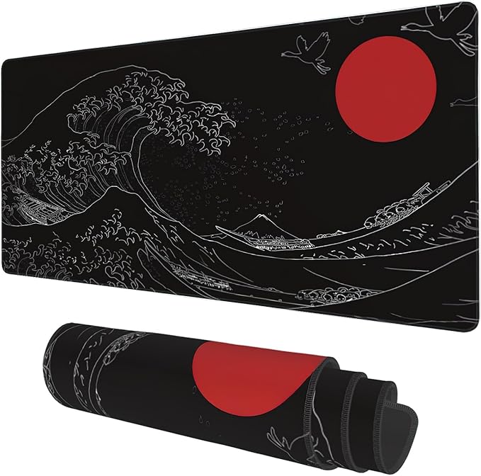 Desk Mat, Black Japanese Style Wave and Red Sun Extended Gaming Mouse Pad Large, 35.4"x15.7" Big Mouse Pad with Non-Slip Base and Stitched Edge, Long Computer Keyboard Mouse Mat for Home Office Work
