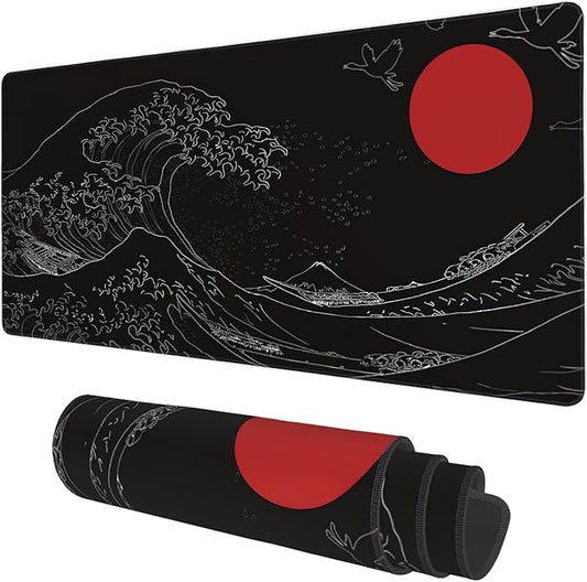 Desk Mat, Black Japanese Style Wave and Red Sun Extended Gaming Mouse Pad Large, 35.4"x15.7" Big Mouse Pad with Non-Slip Base and Stitched Edge, Long Computer Keyboard Mouse Mat for Home Office Work