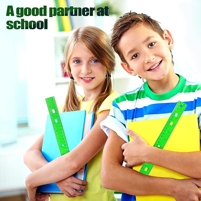 28 Pack Plastic Ruler 12 Inch Transparent Rulers - Metric Bulk for Kids School Office Classroom, Green