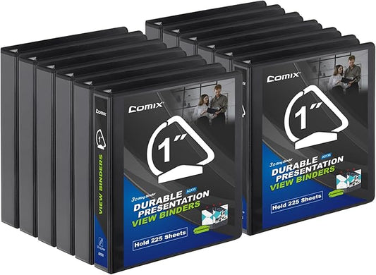 Comix D-Ring Basic View Binder 1 inch 3 Ring Binders, Hold 225 Sheets of 8.5" x 11" Paper, 12 Pack (Black)
