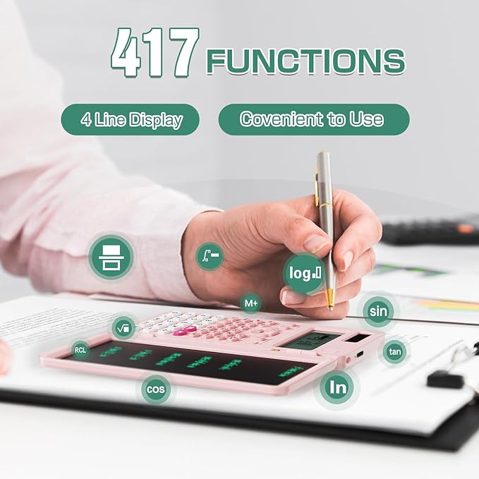 Rechargeable ROATEE 991ES MAX Scientific Calculators, CalcNote Multiview 4-Line Display with LCD Writing Tablet Notepad, Foldable Portable for Business High School College Students and Teacher(Pink)