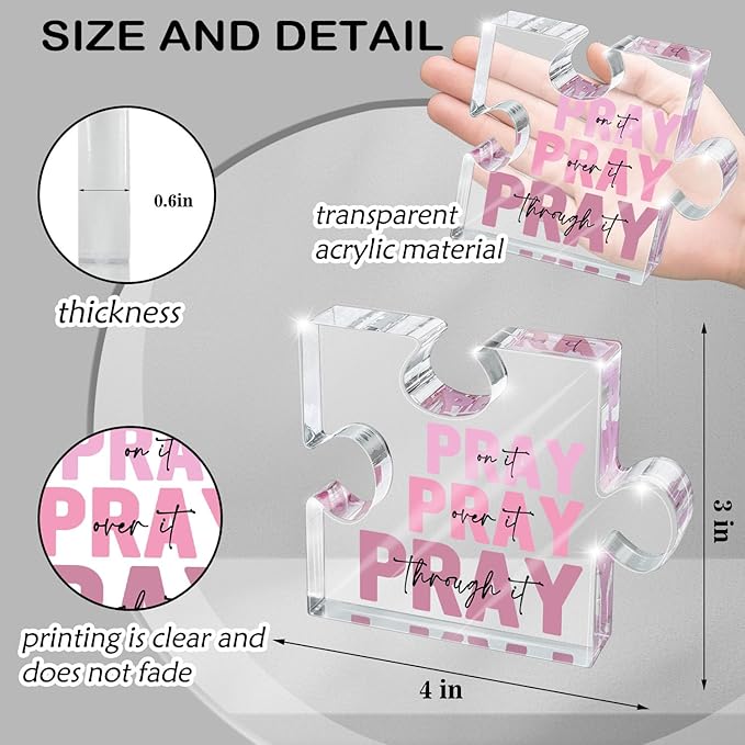 Religious Plaques Christian Woman Decor Gifts - Pray on it Pray over it -Puzzle Acrylic Sign - Pink Office Desk Accessories Decor Sign, Pink Dorm Room for Women - Long Distance Gifts (puzzle)
