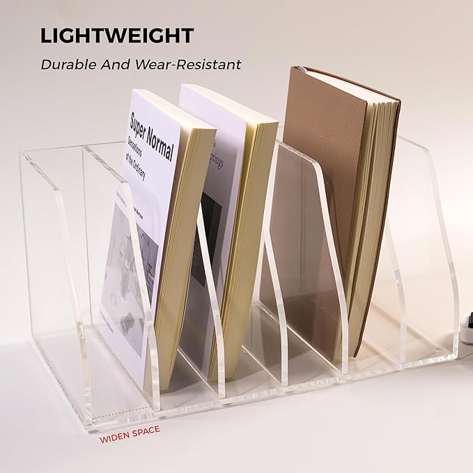 Acrylic Magazine File Holder, 6 Vertical Compartments Desk Document Sorter Organizer, Clear Folder Rack Binder for Office/Home/Classroom, for Documents, Tablet, Magazines, Books & Accessories