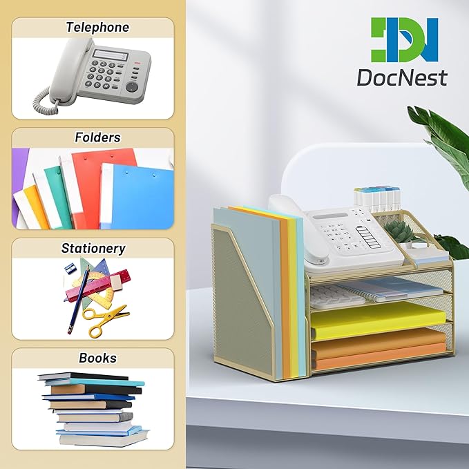 DocNest 4 Tier Paper Letter Tray File Organizer, Mesh Desk File with Handle, Workspace Desk Organizers with Pen Holder, Office Organization Storage Accessories - Gold Yellow