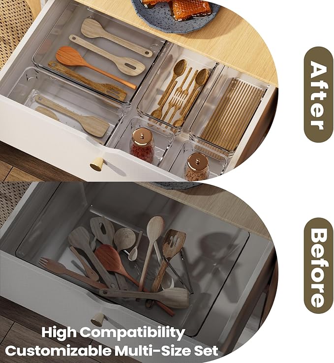 21 PCS Clear Plastic Drawer Organizer Set, 5 Sizes Acrylic Drawer Storage Trays Non Slip Storage Bins for Makeup, Jewelry, Gadgets for Kitchen, Bedroom, Bathroom, Office