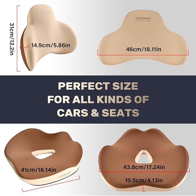 Coverado Seat Cushion and Lumbar Support Pillow for Car Office Chair, Ergonomic Memory Foam Desk Chair Cushion Back Support Pillow, Sciatica & Back & Tailbone Pain Relief Cushion-Beige