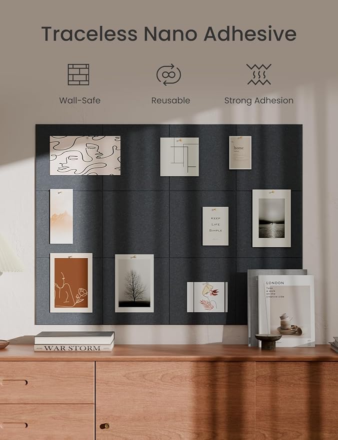 Bumusty Large Cork Board 47"x35" Alternative - 12 Pack Felt Wall Tiles with 70 Safe Removable Adhesive Tabs, 30 Pushpins, Cork Boards for Walls Pin Board Bulletin Board (Deep Charcoal Blue)