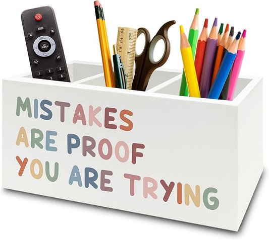Boho Inspirational Pen Pencil Holder Organizer for Desk, Positive Inspirational Gifts, Mistakes are Proof You are Trying Motivational Wooden Box Sign for Classroom Desk Tabletop Decorations