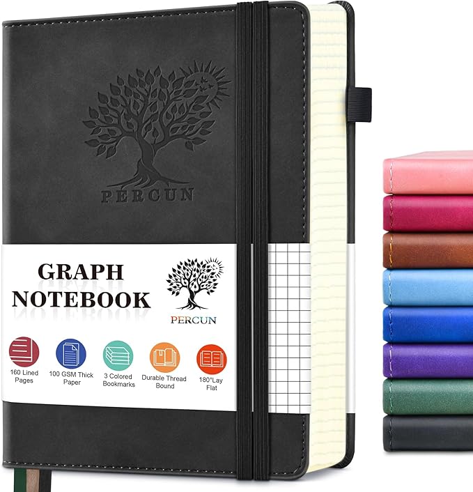 PERCUN Graph Paper Notebook, 160 Pages Grid Journal for women & men, A5 Hardcover Leather Graphing Notebook for School, Work, Travel, Note Taking 5.9”x8.5” (Black)