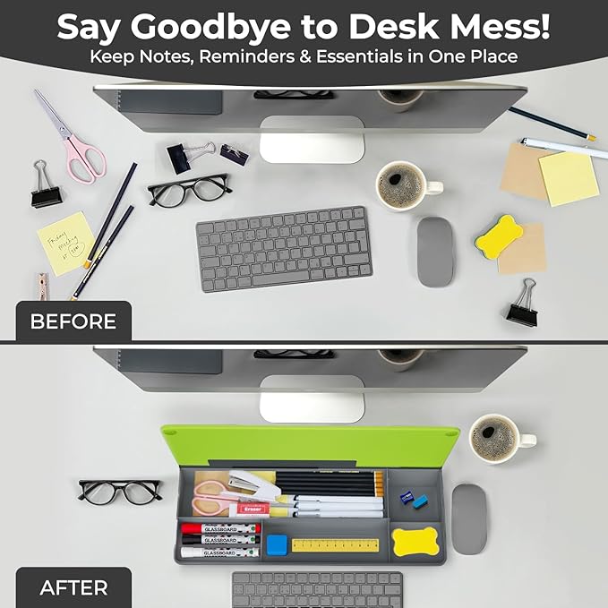 Chalkola Neon Green Glass Desktop Whiteboard with Storage - Dry Erase Board, Work Desk Organizers, Computer Keyboard Stand, Home Office Desk Accessories, Workspace Desktop Buddy + 3 Markers