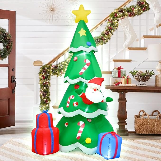 8FT Christmas Inflatables Tree and Santa Decoration Blow up with LED Light Indoor Outdoor Yard Graden Party Holiday Lawn Decor