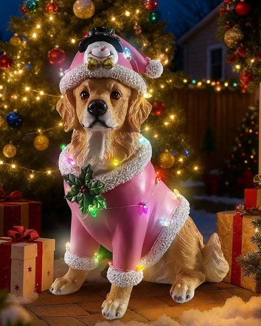 Christmas Outdoor Decoration Dog Statue, LED Light Cute Golden Retriever Dog Sculpture with Pink Santa Outfit & Lights for Garden and Yard, Indoor Holiday Décor Gift for mom and dad