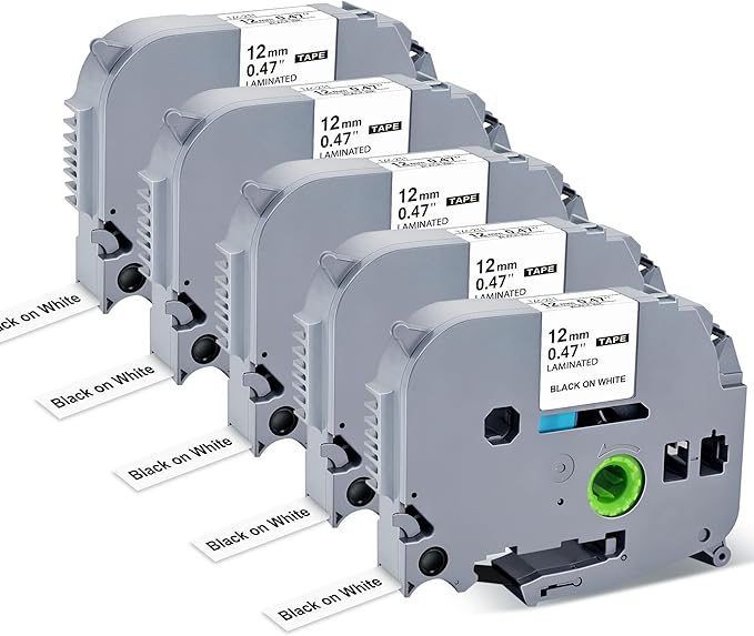 Label Maker Tape Replacement for Brother P Touch Label Tape TZE-231 Tz231 Laminated Tape Black on White 12mm 0.47 inch x 26.2ft 8m 1/2 for Ptouch PTD400AD PTH110 PT-D210 PT-D400 PTD600 PTD220,5 Pack