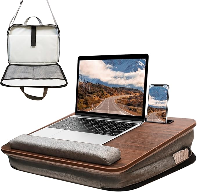 Lap Desk for Laptop Stand with Cushion, Adults with Storage Fits Up to 15.6in, Combines Features Bag and Pillow Table by Travel, Portable Workstation for Home College Office (Walnut Color)