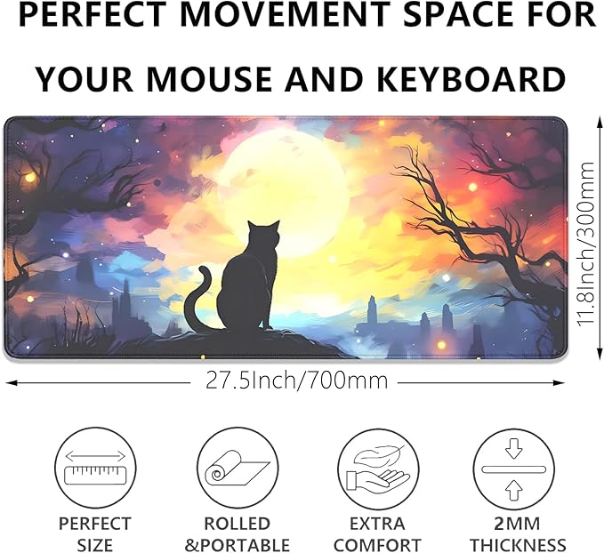 Black Cat Starry Night Mouse Pad Desk Mat,Large Extended Gaming Mouse Pad with Stitched Edges,Non-Slip Waterproof Rubber Base for Office,Computer,Keyboard,Laptop and Home Desk Pad(27.5X11.8 in)
