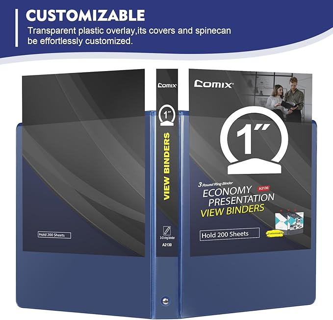 COMIX 3 Ring Binder 1 inch with Clear View Cover, 1" View Binder Holds 200 Sheets of US Letter Size Paper, 6 Pack (Dark Blue)