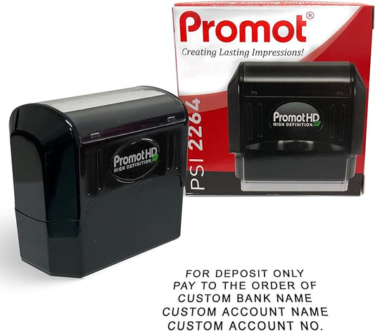 Promot Pre-Inked Custom Deposit Stamp - Personalized Text, Refillable Custom Stamp with Built-in Ink Reservoir, Easy 3-Step Re-Inking, Customized Rubber Stamp for Bank and Businesses (5-Lines)