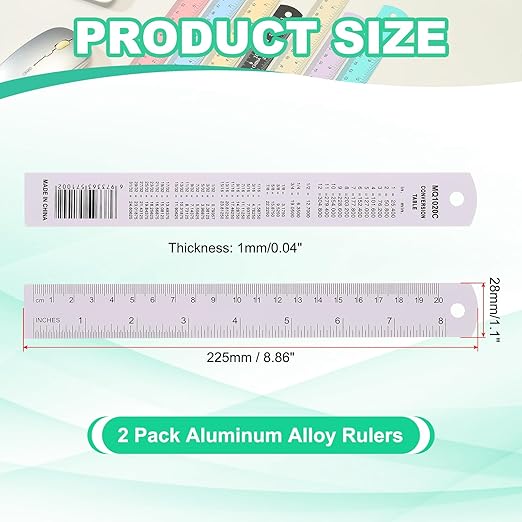 PATIKIL 20cm/8" Metal Ruler, 2 Pack Aluminum Alloy Rulers with Centimeters, Millimeters, Inches and Conversion Table Straight Edge Ruler for Writing Machinist Drafting, Purple