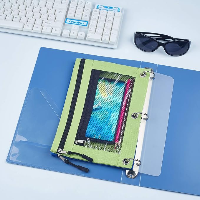 3 Ring Binder Pencil Pouchs, Zippered Pencil P9ouch Double Pocket Pencil Pouch 3 Ring with Clear Window (Blue&Green 2pack)