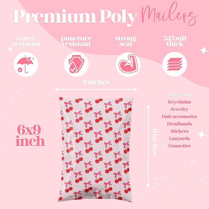 6x9 Designer Poly Mailer 100 Pack Heavy Duty Waterproof Self Seal Shipping Bags for Small Business Large Mailing Envelopes Bulk Tear Resistant Packaging Pink Stripe Cherry Fruit