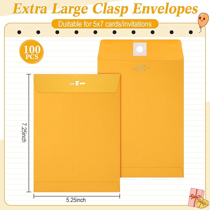 Extra Large Mailing Clasp Envelopes Jumbo Kraft Catalog Manila Envelope with Clasp Closure for Oversized Big Documents Office Home Business Legal School Storing Mailing(5 x 7 Inch,100 Pcs)